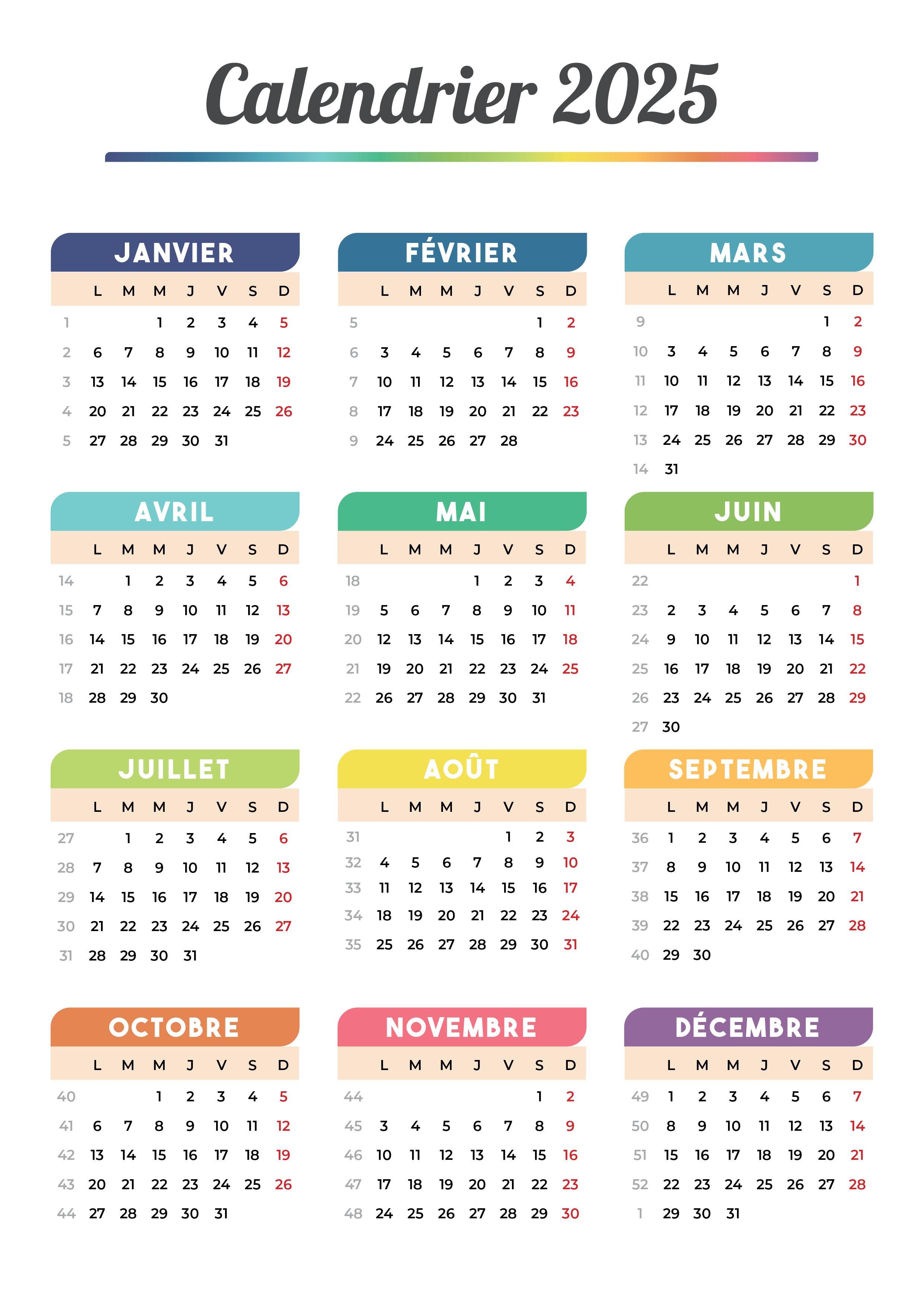 Calendrier 2025 à imprimer