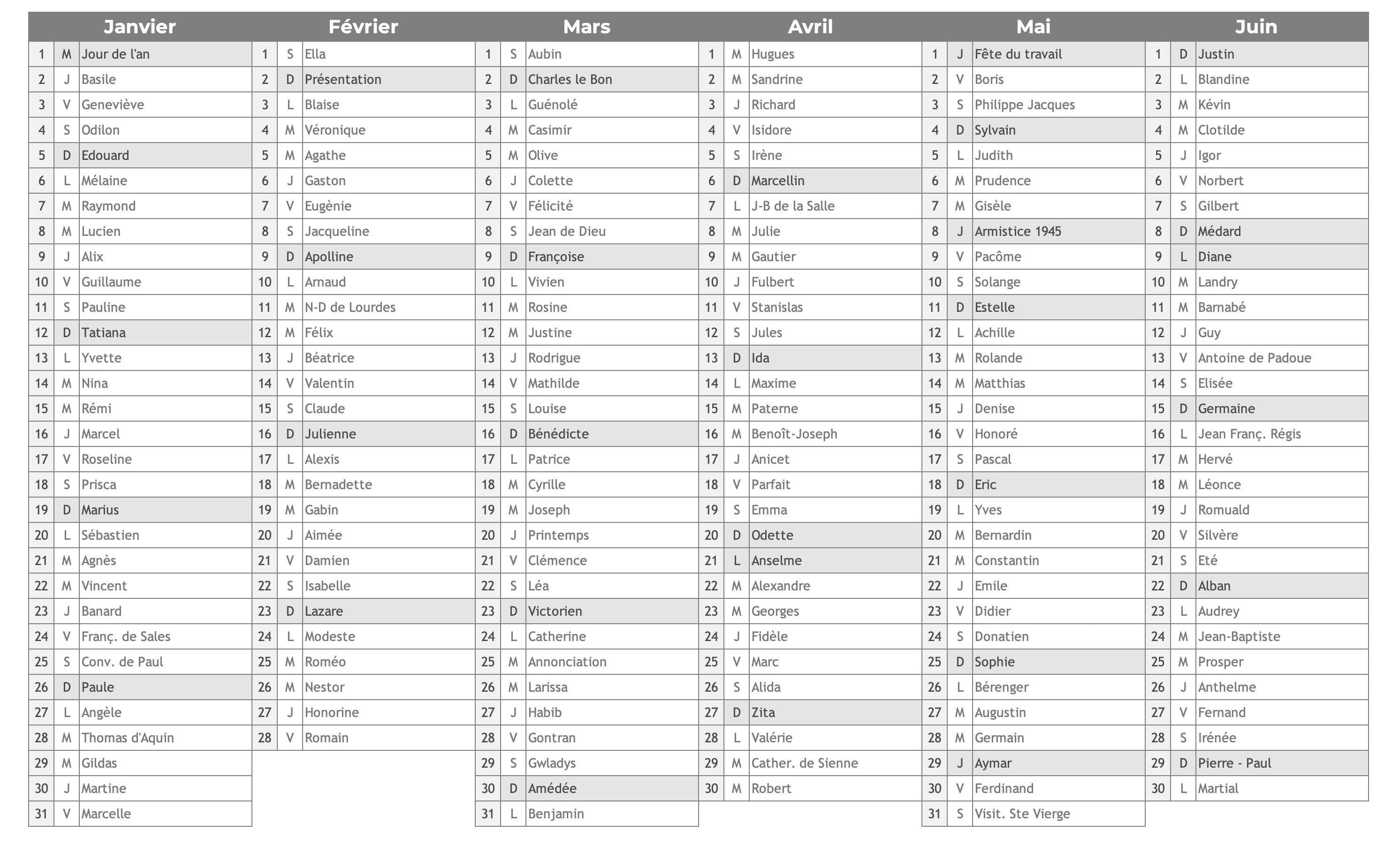 Calendrier 2025 semestriel avec fêtes